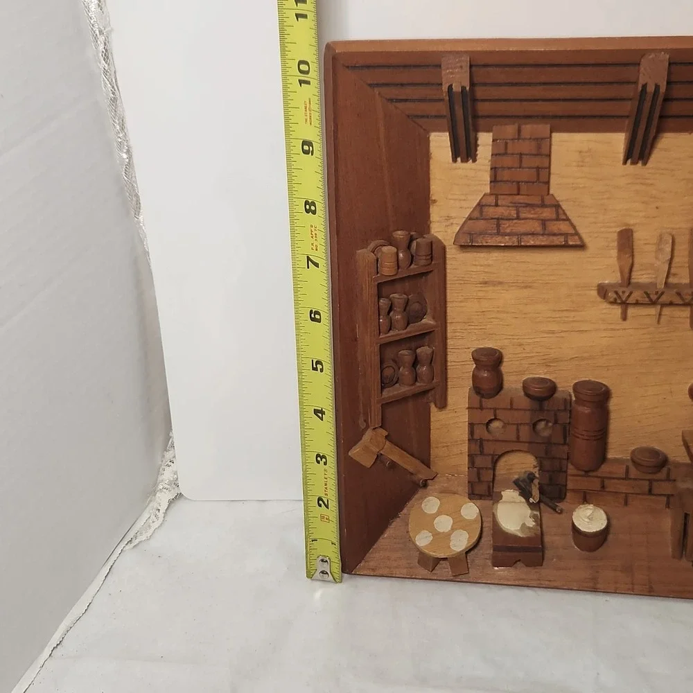 Vintage 1960's MCM Carved Wooden Lodge Bar Tavern Inn Market Town Diorama‎ 3D